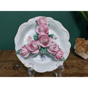 Vintage Sculpted Porcelain Pink Rose Trinket Dish